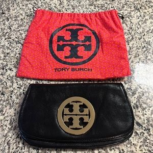 Tory Burch Miller clutch black and gold with dust bag no chain